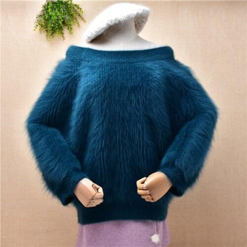Female women winter clothing hairy mink cashmere knitted slash neck off shoulder sleeves loose pullover angora fur sweater pull
