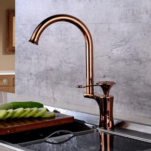 Kitchen Faucets Rose Gold Brass Retro Kitchen Sink Faucet Mixer Single Handle Hight Arch Swivel Spout Kitchen Deck Vessel Taps