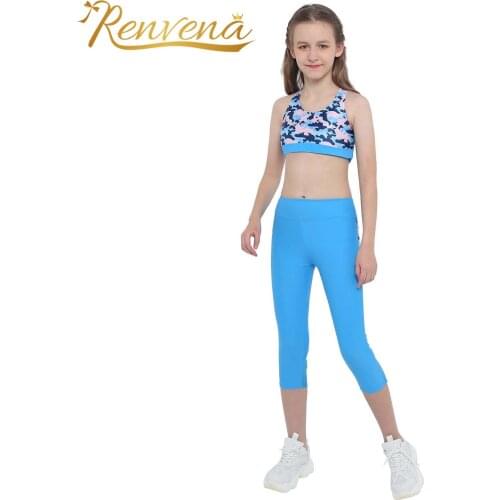 Kids Girls Sportswear Printed Sport Suit Racerack Tank Top & Pants Running Gym Yoga Sets Kids Tracksuit Two Pieces Sport Clothes