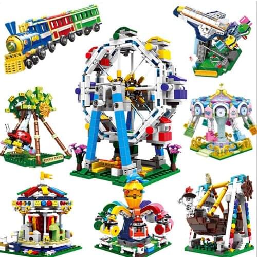 City Life Colorful World Amusement Park Building Block Ferris Wheel Roundabout Flying Swing Mini Train Educational Bricks Toy