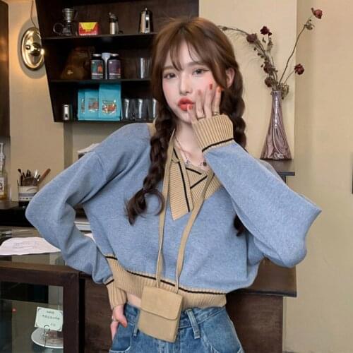 Women Knit Sweater Autumn New Vintage Sweet Sueter Mujer 2021 V Neck Long Sleeve Hit Color Patchwork Crop Pullovers