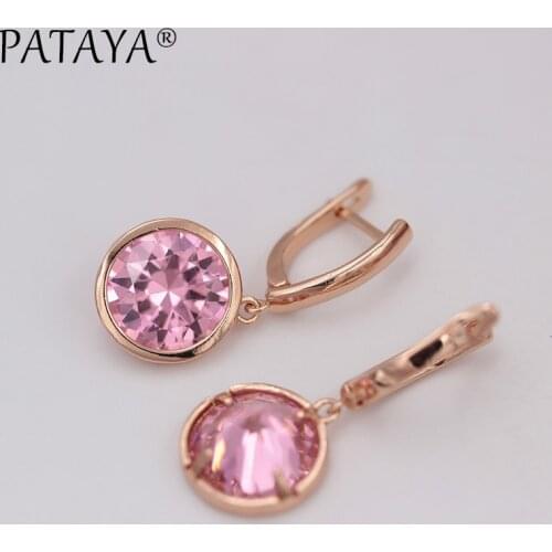 PATAYA New 585 Rose Gold Pink Round Natural Cubic Zirconia Dangle Earrings Multi-Colored RU Hot Exclusive Design Earrings