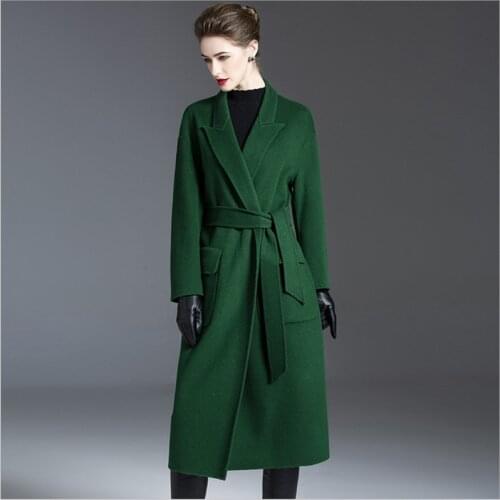 Womens long Cashmere Wool Jacket female Winter Mid-length Woolen Coat Black Slim jackets Long-sleeve Outerwear overcoats green