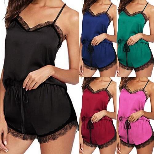 Women Sleepwear Sleeveless Strap Nightwear Lace Trim Satin Cami Top Pajama Sets Temptation Charming Underwear S-xl Free Shipping
