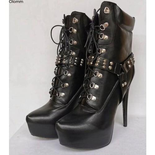 Olomm Handmade Women Ankle Boots Sexy Stiletto High Heels Boots Pointed Toe Elegant Black Party Shoes Women Plus US Size 5-15