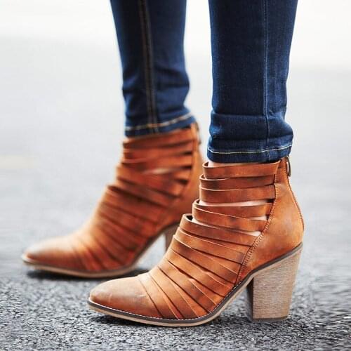 Girls Retro Leather Straps Fasten Women Punk Ankle Boots Chunky High Heels Ladies Spring Pointed toe Street Boots