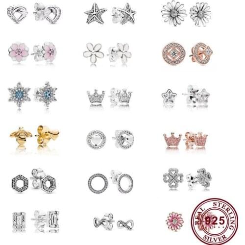 Genuine 925 Sterling Silver Pan Earrings Womens Bee Heart Crown Crystal Earrings Wedding Gift Fashion Jewelry