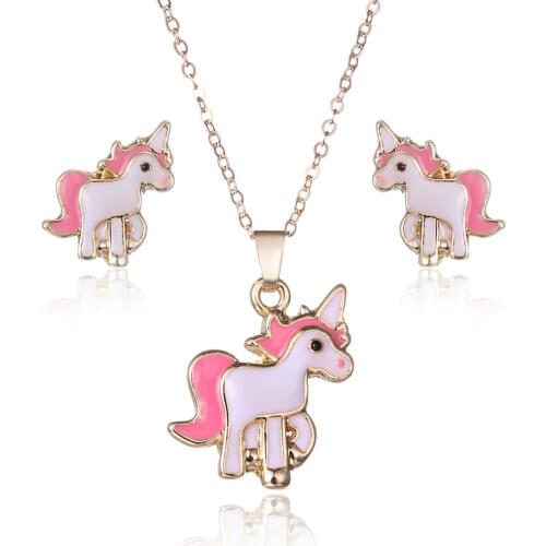 Lovely Children Cartoon Pink Horse Unicorn Earrings Necklace jewelry Set For Women Lady Party Costume Wedding Engagement Jewelry
