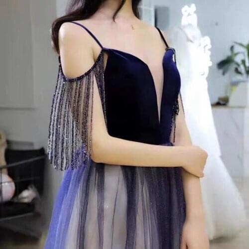 Sexy Blue Gradient Prom Dresses 2020 Long A-line V-neck Beading Sleeveless Dressing Gown Party Dress vestidos LE40782