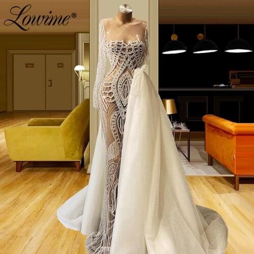 Lowime Robes See Through Pearls Beading Evening Dresses Long Muslim Dubai Party Dress 2021 Plus Size Custom Made Prom Gowns