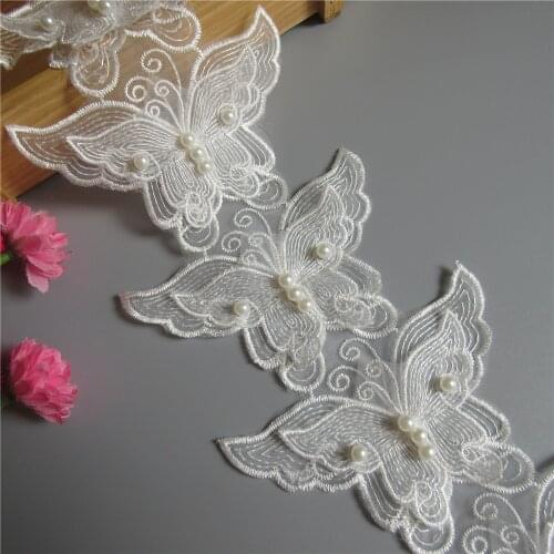 1 yard White Pearl Butterfly Embroidered Lace Trim Ribbon Fabric Patchwork Sewing Supplies Craft For Dress Clothes Decoration