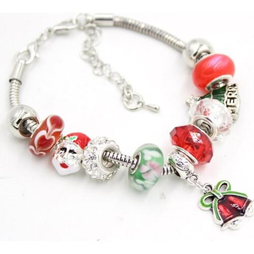 10PCS/Lot Fashion Jewelry Bracelet Lampwork Murano Glass Beads Xmas Tree Santa Bell Charm Bracelets for Christmas Gift Jewelry
