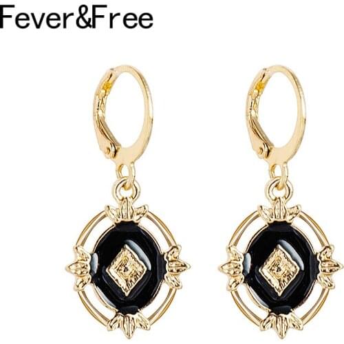 Fever&Free Cute Small Vintage Enamel Hoop Earrings For Women Geometric Hollow Black Earrings Pendientes Mujer Jewelry Accesorios