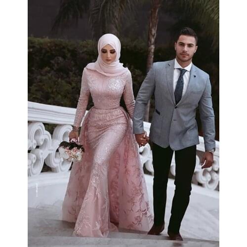 Custom Made Pink/ Purple Mermaid Muslim Wedding Dresses Islamic Bridal Gowns With Veil