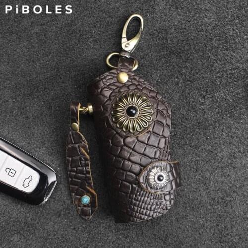 Handmade EDC Key Wallet Genuine Leather Storage Housekeeper Key Pouch Embossed Cowhide Smart Key Purse Keychain Keyring