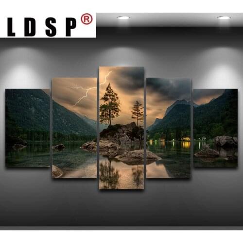 LDSP Abstract 5 Pieces Canvas Paintings Posters Prints Mountain Lake Lightning Landscape Wall Art Picture Home Decor Living Room
