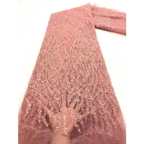 Hot African Lace Fabric Latest Nigerian Handmade Beaded/Sequins Lace Fabric High Quality Wedding African Tulle Laces Material AF