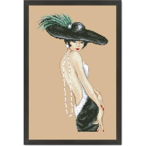 Beauty with black hat cross stitch kits aida fabric 18ct 14ct 11ct flaxen linen cotton thread embroidery kits DIY Folk Crafts