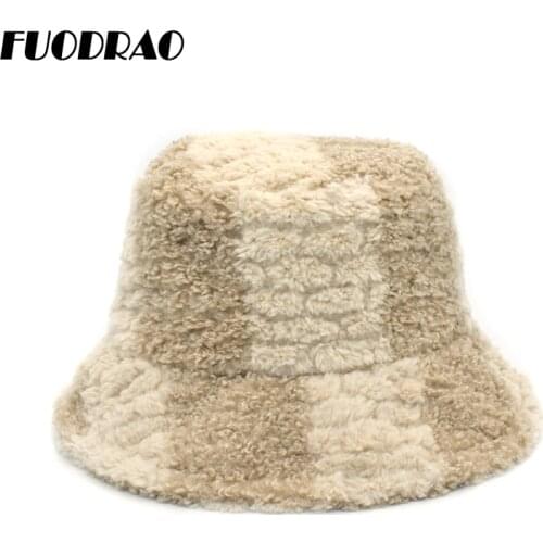 FUODRAO New Autumn Winter Faux Fur Bucket Hat Women Fashion Warm Girl Lambswool Panama Hat Outdoor Fisherman Cap M166