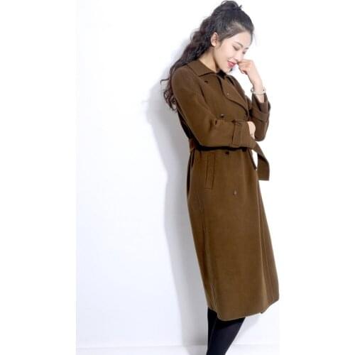 New Double-sided Woolen Cloth Warm Woolen Coat Double-breasted Lace Up Belt Jacket Long Coat V Neck Casual Elegant Women