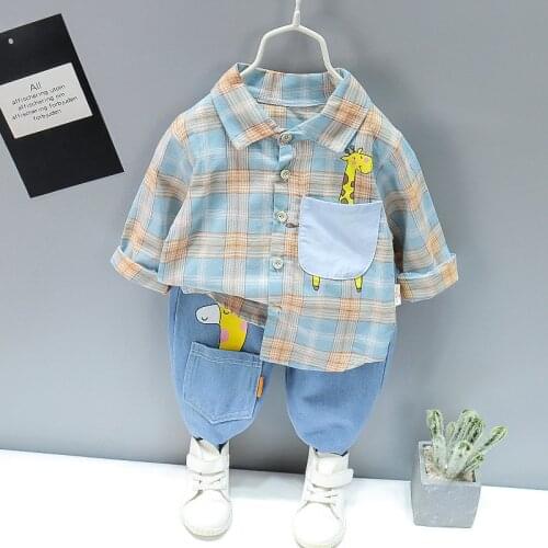 Autumn Spring Baby Boy Fashion Cartoon Clothing Set Kid Suits Set Plaid Shirt Pants 2pcs/set Children Clothes Set 1 2 3 4 5 Year