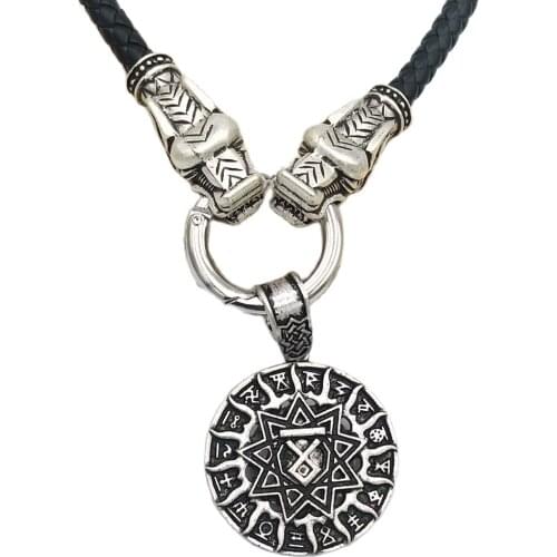 Double Sides Viking Rune OTHALA Slavic Kolovrat Star Of Russia Pentagram Viking Wolf Head leather Chain trinity Pendant