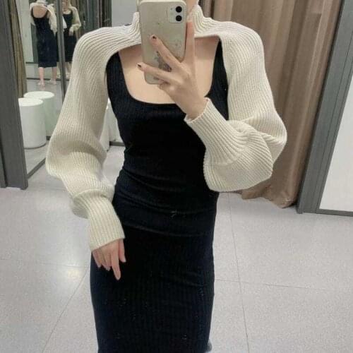 Women Sweater Female Sweater Fashion Elegant Solid Color High Collar Long Puff Sleeve Knitwear Pullover for Women 2021 New Hot