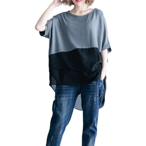 Oversized Loose Women T-Shirts 2020 Summer New O-Neck Short-Sleeved Loose Chiffon Patchwork Female Pulls Tops Tees Top Quality