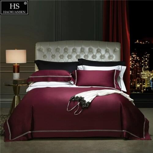 Wine Red 650 Thread Count Hollow Out Lace 4Pieces Bedding Sets Nordic Style Duvet Cover Pure Cotton Queen King Bed Sheet