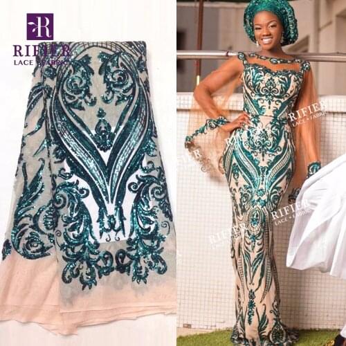 2019 Classical Deisgn Sequined Embroidered Net Lace Fabric In Green Sequins African Indian Women Party Dresses Sewing Material