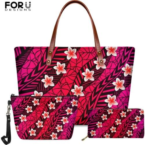 FORUDESIGNS New Arrival Female Large Capacity Shoulder Bag Hawaiian Tribal Polynesian Plumeria Pattern Luxury 3set Handbag Mujer