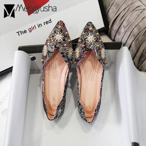 Punk rivets decoration flat shoes woman flower printing espadrilles crystal snowflake ballet flats soft bottom loafers size 43