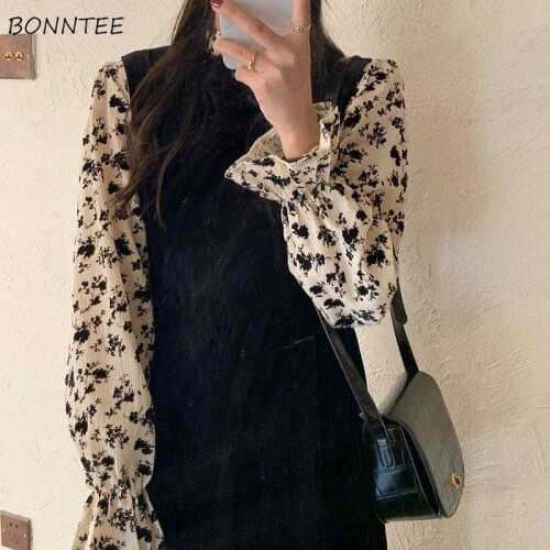 Dress Women Chic Vintage Elegant Patchwork Fake 2 Piece Flare Sleeve Temperament Loose Leisure Korean Style Female Vestidos Soft