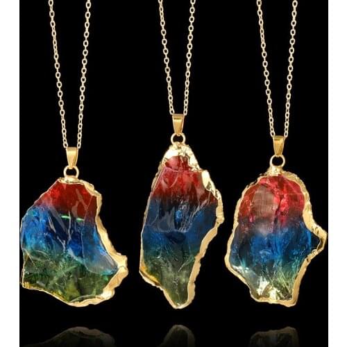 1PC Natural Irregular Colorful Crystal Pendants Metal Alloy Hemming Raw Stone Reiki Healing Necklace with Chain