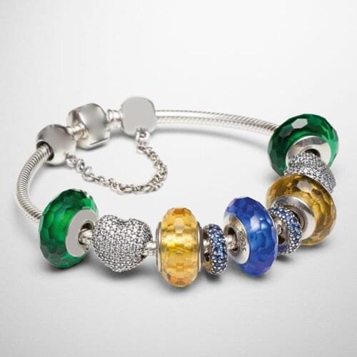 2019 NEW 100% 925 Sterling Silver 1:1 Colorful Fascinating Charm Murano Glass Heart Shaped Safety Bracelet Set Free Shipping