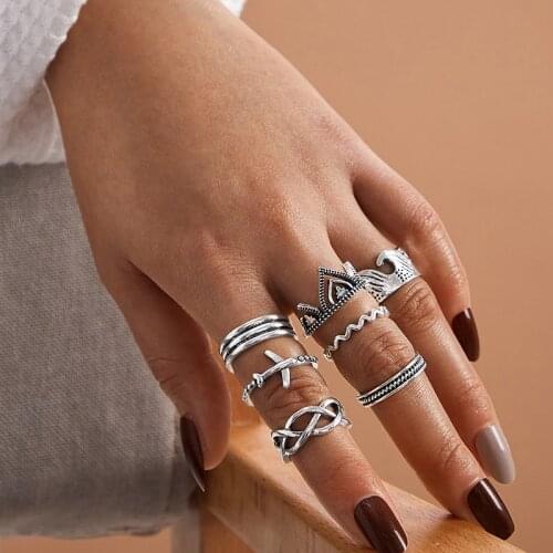 7 Pcs/Set Women Fashion Rings Airplane Wave Crown Geometry Silver Color Finger Knuckle Ring Set Bohemian Party Jewelry