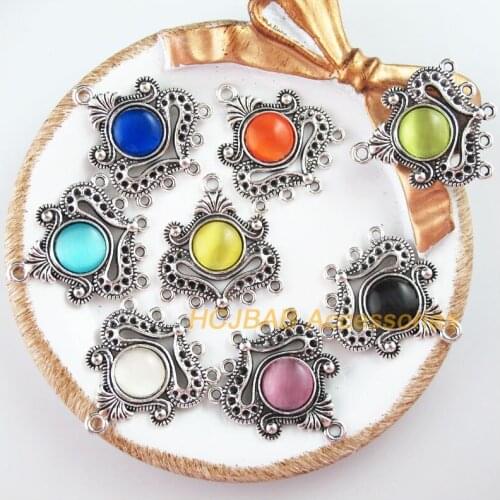 8 New Heart Charms Tibetan Silver Tone Retro Mixed Cat eye Stone Connectors 26x31mm