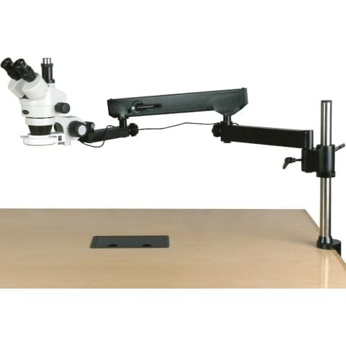 AmScope 7X-45X Trinocular Articulating Arm Pillar Clamp 144-LED Zoom Stereo Microscope