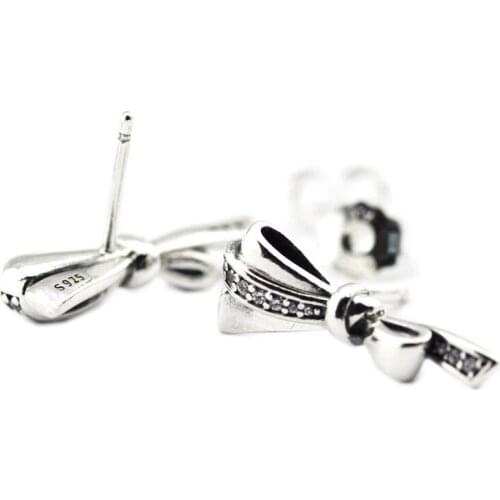 Brilliant Bows Stud Earring with Clear CZ 100% 925 Sterling-Silver-Jewelry Free Shipping