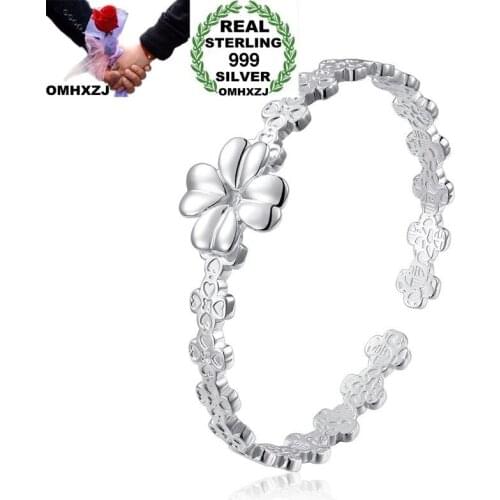 OMHXZJ Wholesale European Fashion Woman Girl Party Wedding Gift Flower Open S999 Sterling Silver Cuff Bangle BA54