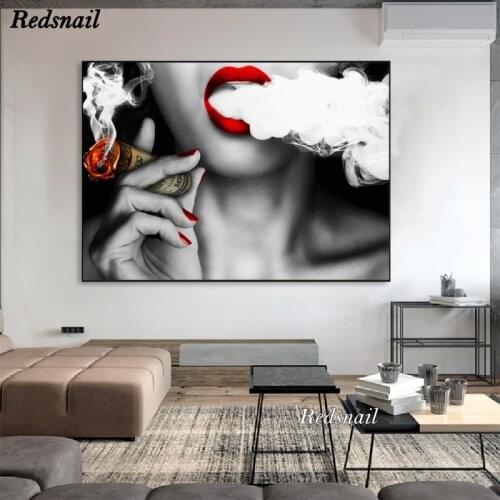 Sexy Girl Smoking A Cigar Red Lips Diy Diamond Painting cross-stitch 5D full Drill mosaic diamond embroidery Wall Art EE849