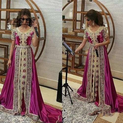 Fuchsia Beaded Muslim Long Prom Dresses Luxury Dubai Moroccan Kaftan Dress With Applique Formal Dress Evening Party Gowns