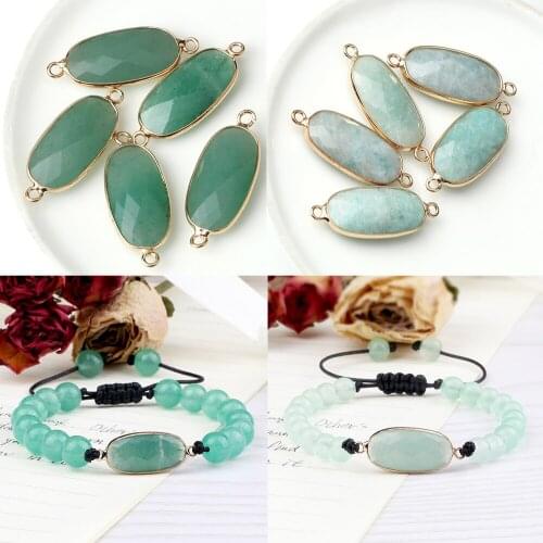 Long Oval Edging Light Green Jade Pendants Malay Jade Double Hanging Connector Women Jewelry Make For Handmade Necklace Bracelet