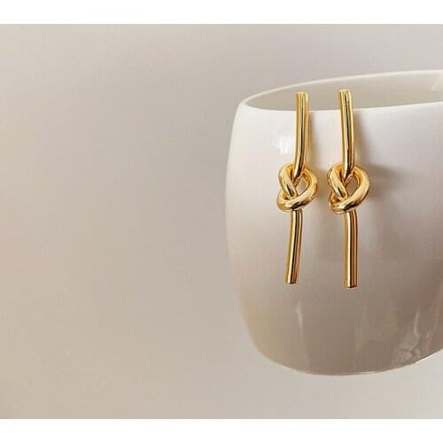 French Minimalist Gold Color Huggie Knotted Dangle earrings for Women Girl Textured Metal Long earrings Party Jewelry Pendientes