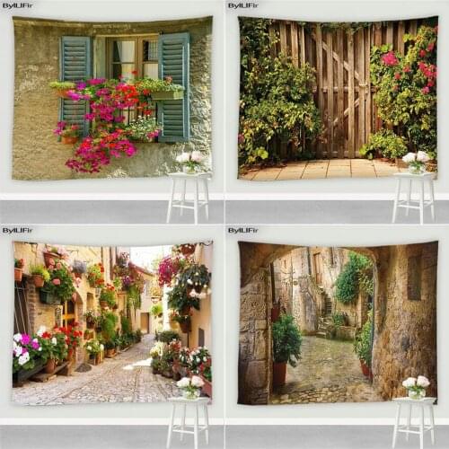 Retro Window Scenery Tapestry Arches Green Plants Flowers Town Street View Living Room Wall Hanging Screen Bedroom Tapestries