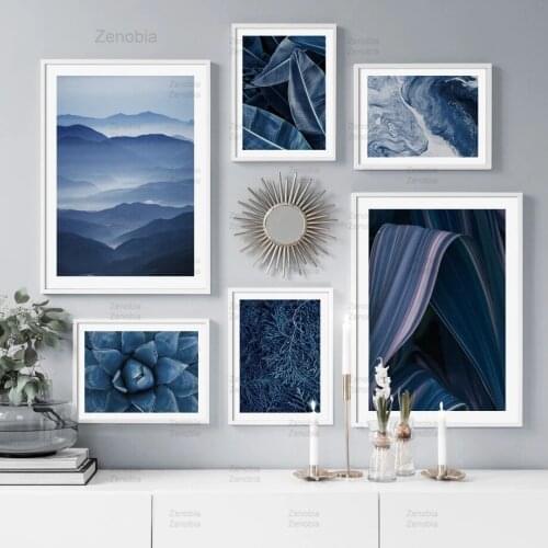 Blue Succulents Plant Wall Art Canvas Painting Leaf Mountain Nordic Posters and Prints Wall Pictures for Living Room Home Decor