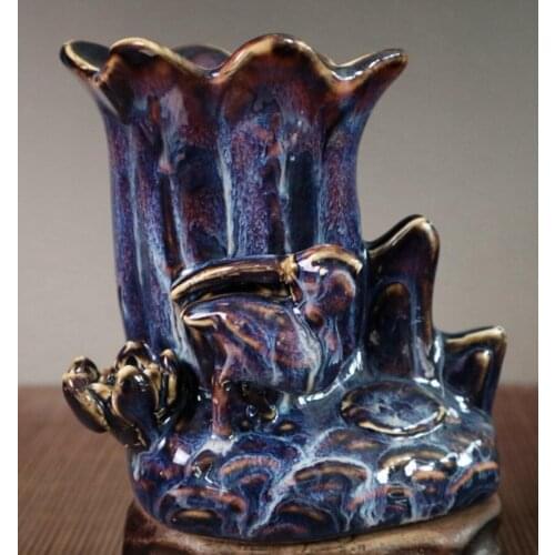 China blue glaze ceramic flowers and bird Pen holder crafts statue
