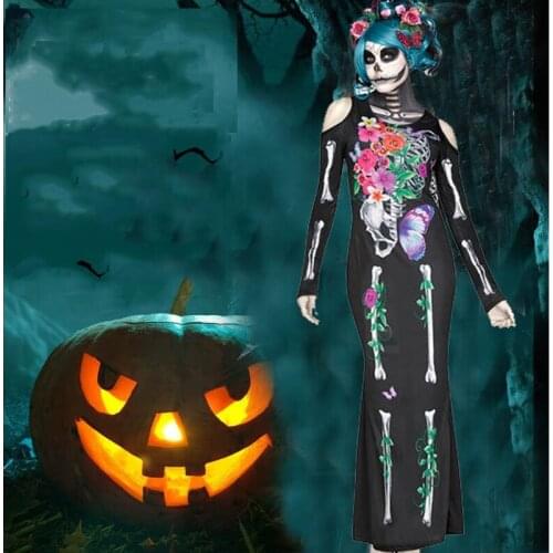 Zombie Halloween Costumes For Woman Adult Scary 3D Print Skull Cosplay Dress Ghost Flower Skeleton Bodysuit Carnival Party Bar