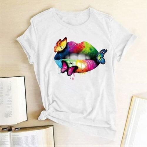 Colorful Lips Butterflies Printing T-shirts Women Summer 2020 Aesthetic Clothes Cotton Shirts for Women Fashion Camisetas Mujer