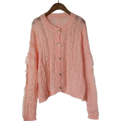 Sweet Sweater Women Autumn Thin Knitted Cardigan Jacket Korean Beads Hollow Out Sweater Coat New O-neck Knitwear Tops
